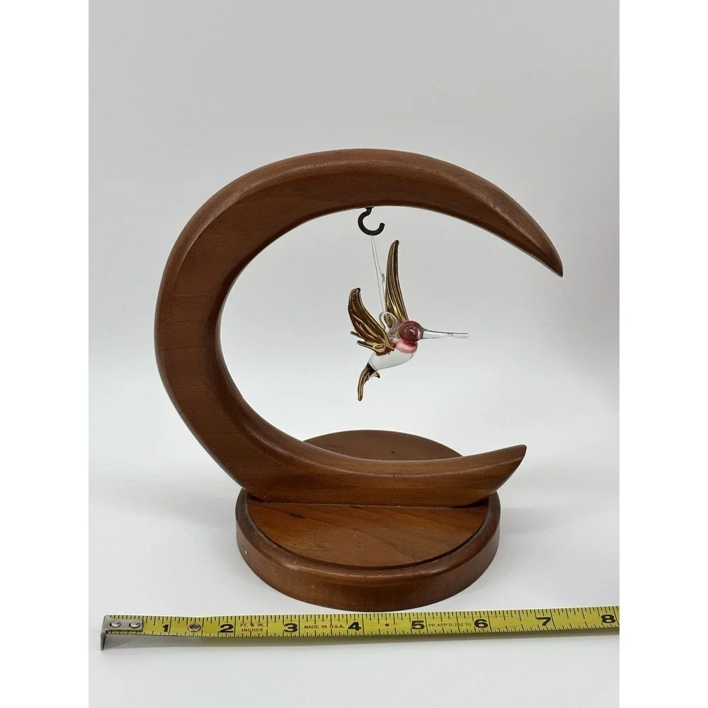 Vtg Wood Crescent Stand With Glass Hummingbird Moon Ornament Display‎ Holder 7